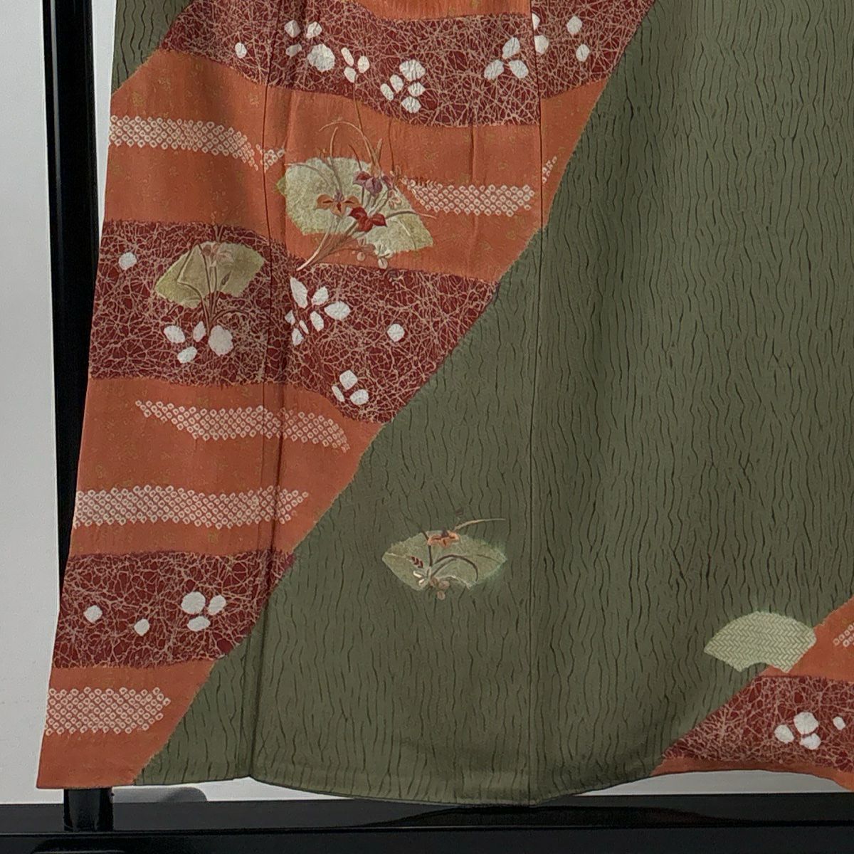 【美品】訪問服 身長154.5cm 袖長64cm M 雙層 扇子面 菖蒲 刺繡 絞染 鶯色 純蠶絲 秀品級