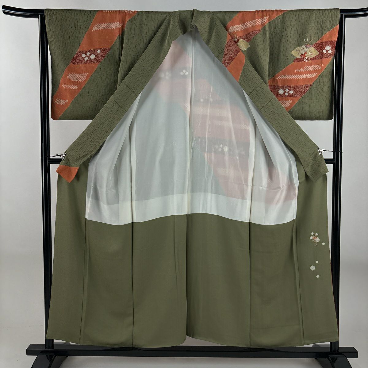 【美品】訪問服 身長154.5cm 袖長64cm M 雙層 扇子面 菖蒲 刺繡 絞染 鶯色 純蠶絲 秀品級