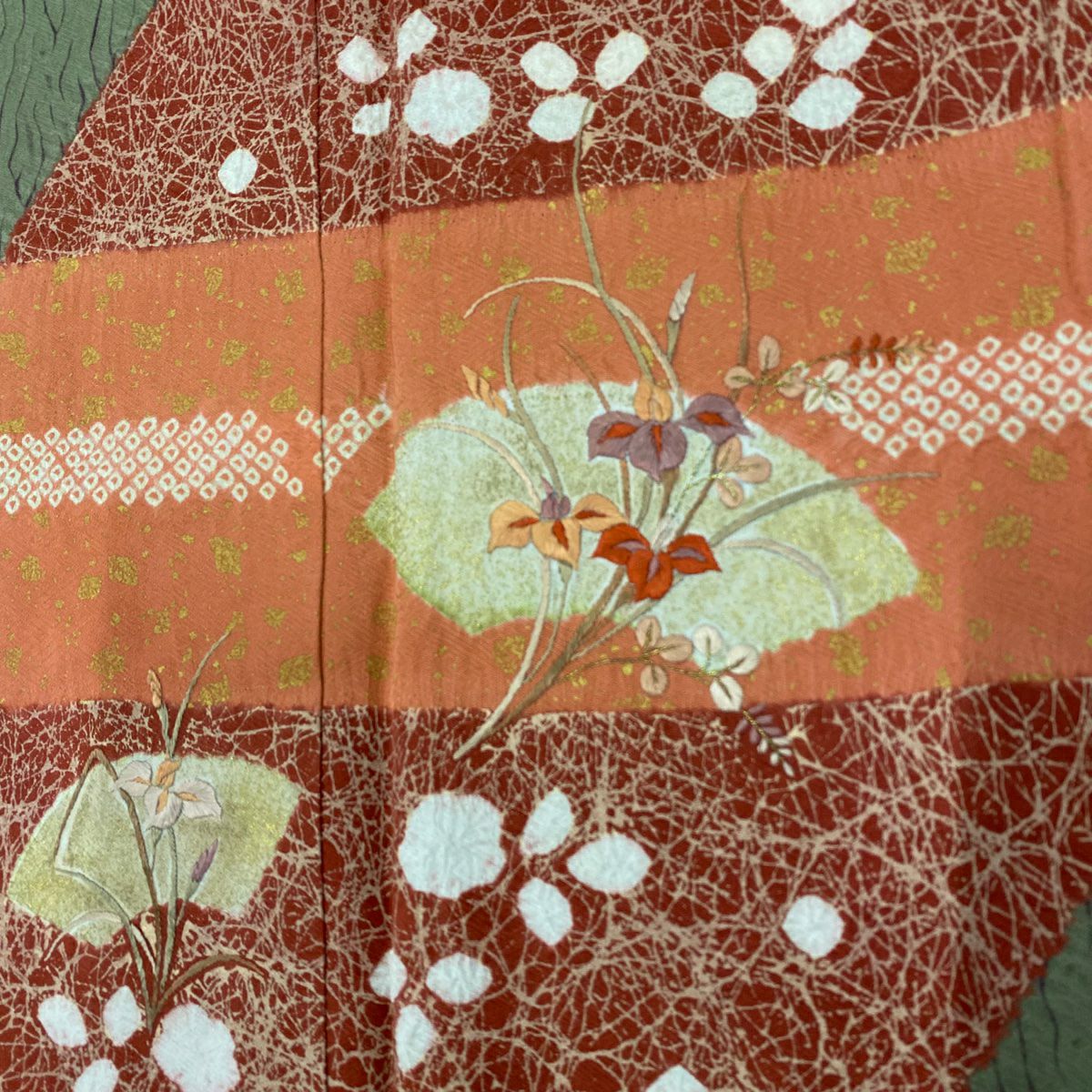 【美品】訪問服 身長154.5cm 袖長64cm M 雙層 扇子面 菖蒲 刺繡 絞染 鶯色 純蠶絲 秀品級