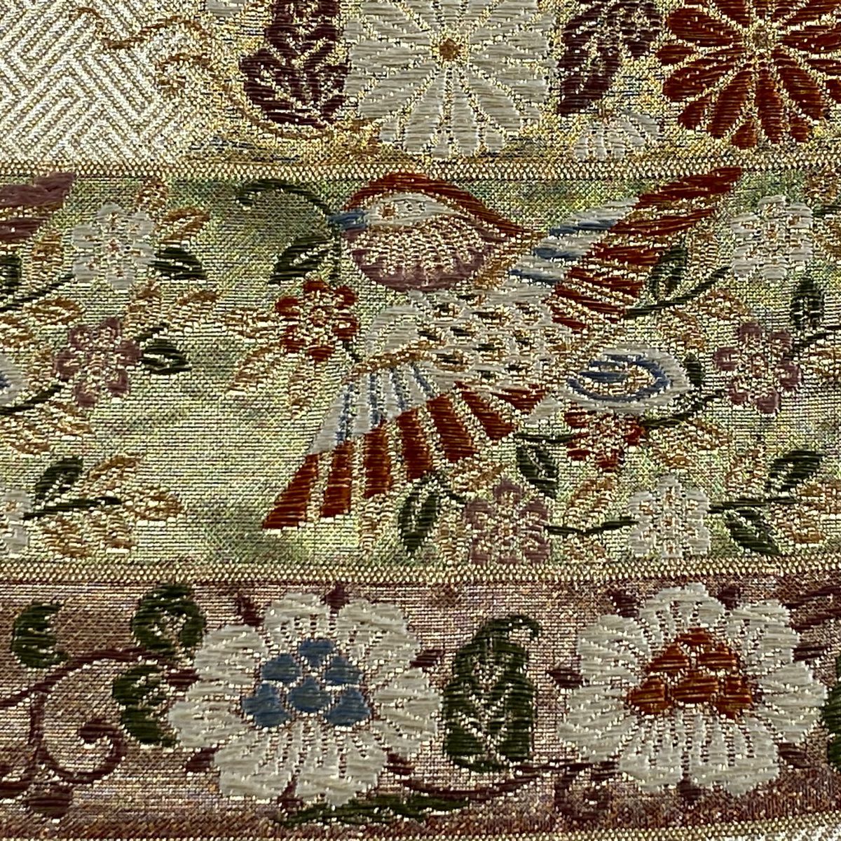【美品】 袋帶 秀品級 鳥 花唐草紋 金絲 金金箔 金色 六通 純蠶絲
