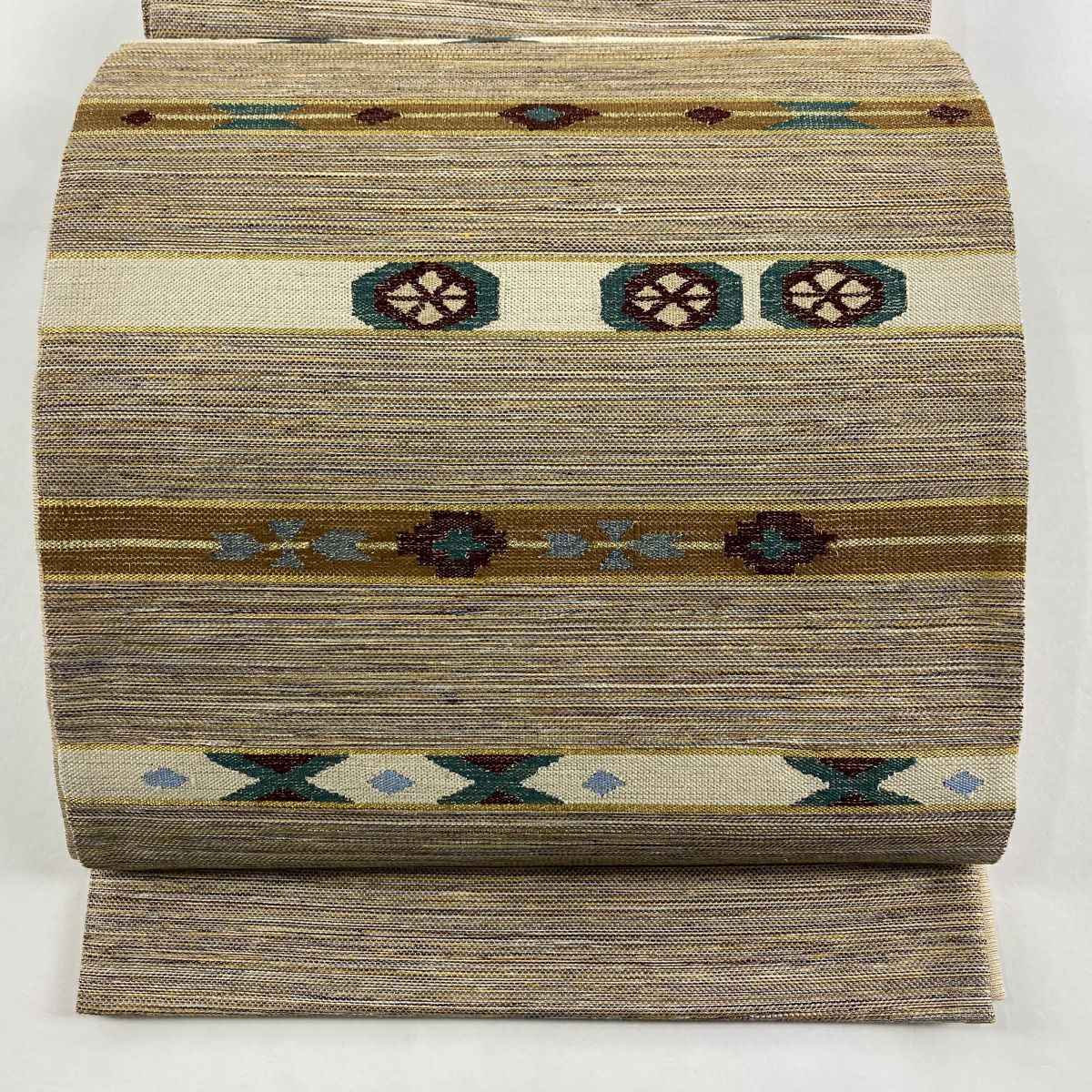 【美品】 袋帶 秀品級 段紋 幾何學 金絲 淺茶 お太鼓圖案 純蠶絲
