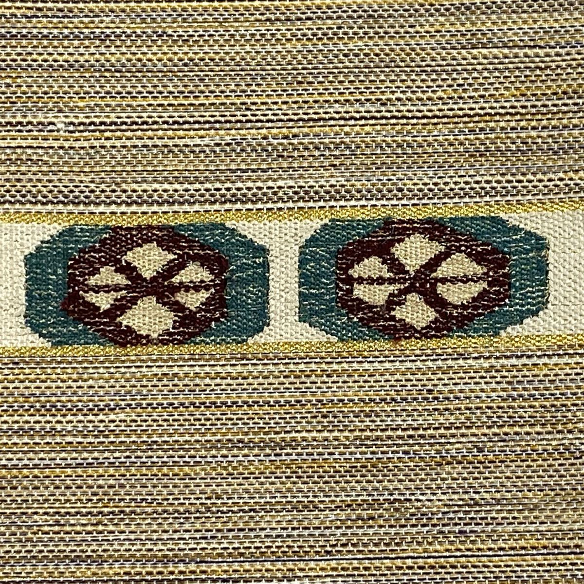 【美品】 袋帶 秀品級 段紋 幾何學 金絲 淺茶 お太鼓圖案 純蠶絲