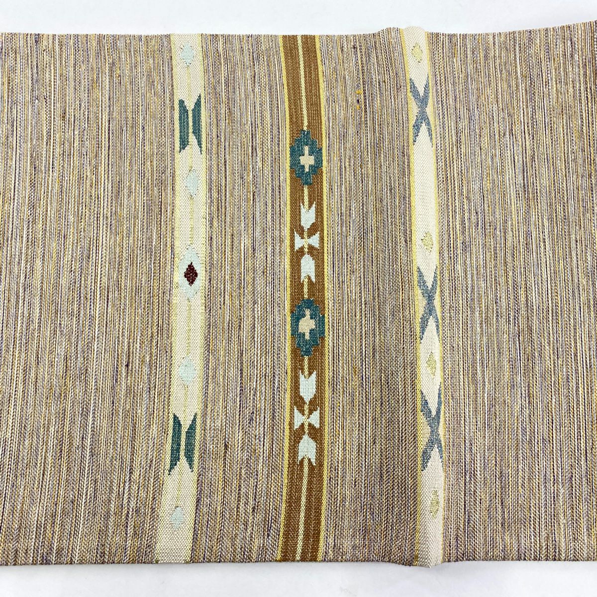 【美品】 袋帶 秀品級 段紋 幾何學 金絲 淺茶 お太鼓圖案 純蠶絲
