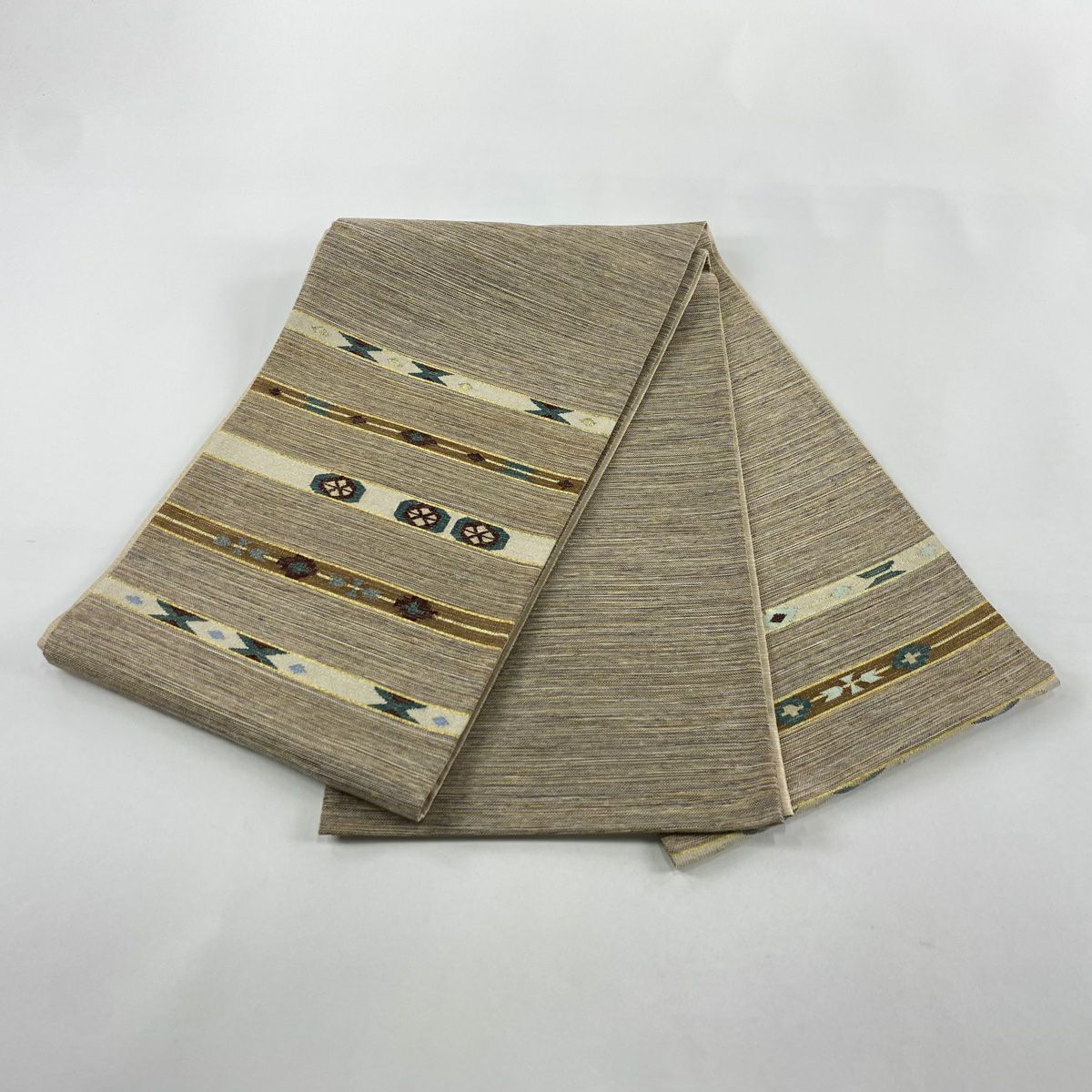 【美品】 袋帶 秀品級 段紋 幾何學 金絲 淺茶 お太鼓圖案 純蠶絲