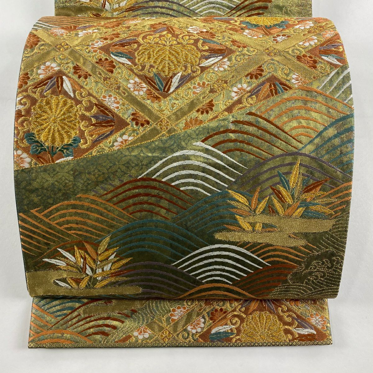 【美品】 袋帶 秀品級 關西仕立 紅木 菊花花 金絲 金金箔 金茶 六通 純蠶絲