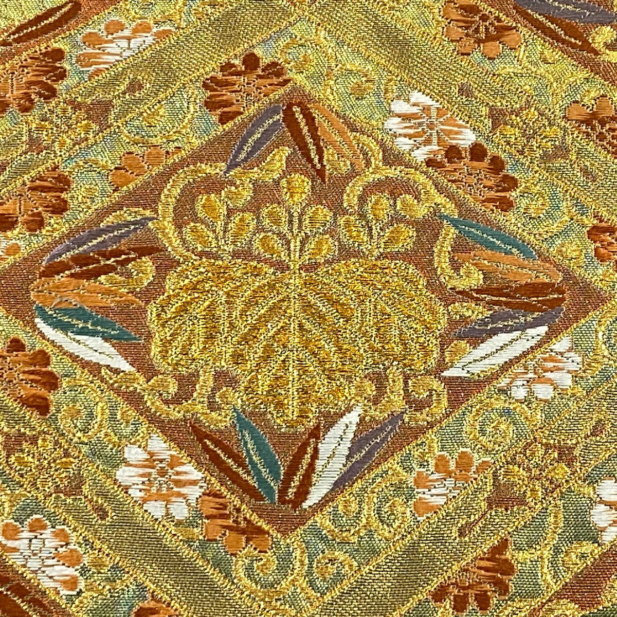 【美品】 袋帶 秀品級 關西仕立 紅木 菊花花 金絲 金金箔 金茶 六通 純蠶絲