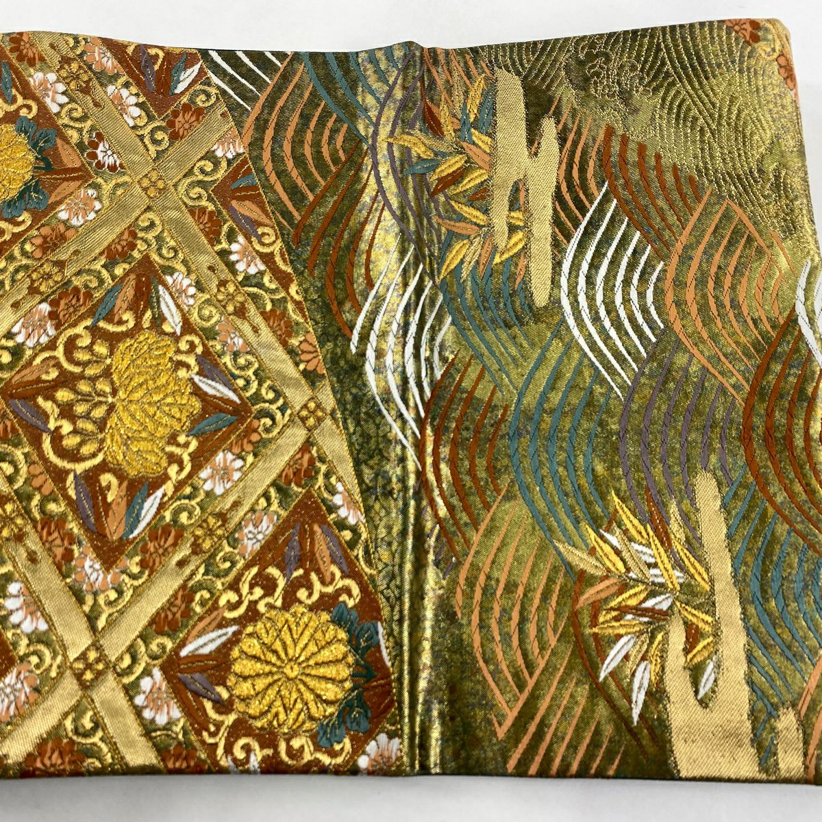 【美品】 袋帶 秀品級 關西仕立 紅木 菊花花 金絲 金金箔 金茶 六通 純蠶絲