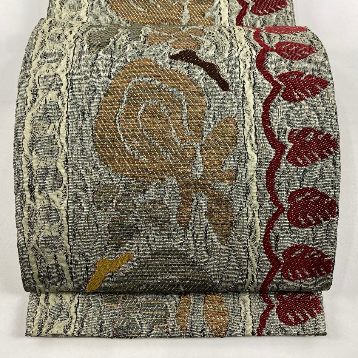 【美品】 袋帶 秀品級 草花紋紋 葉子 銀線 灰綠 六通 純蠶絲