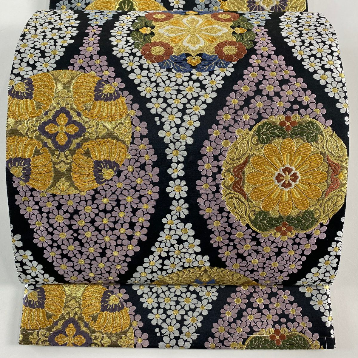 【美品】 袋帶 名品級 立涌 華紋 金絲 刺繡 黑 六通 純蠶絲