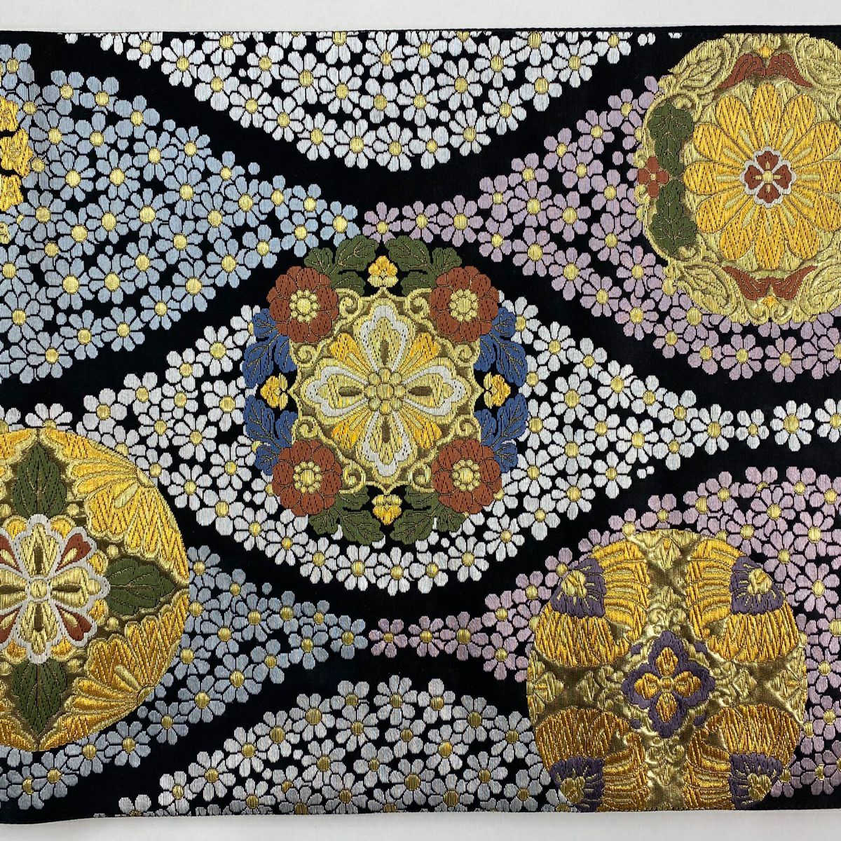 【美品】 袋帶 名品級 立涌 華紋 金絲 刺繡 黑 六通 純蠶絲
