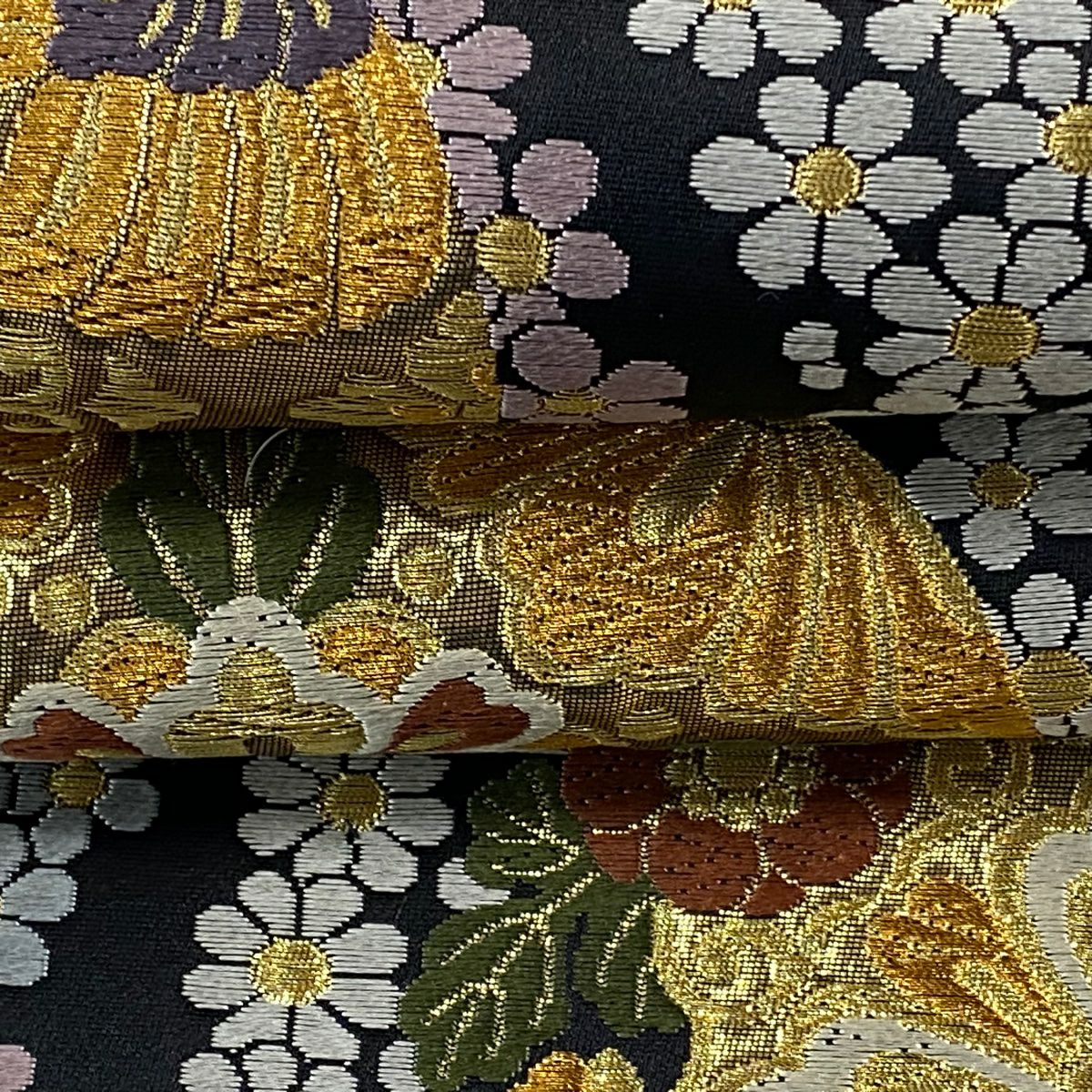 【美品】 袋帶 名品級 立涌 華紋 金絲 刺繡 黑 六通 純蠶絲