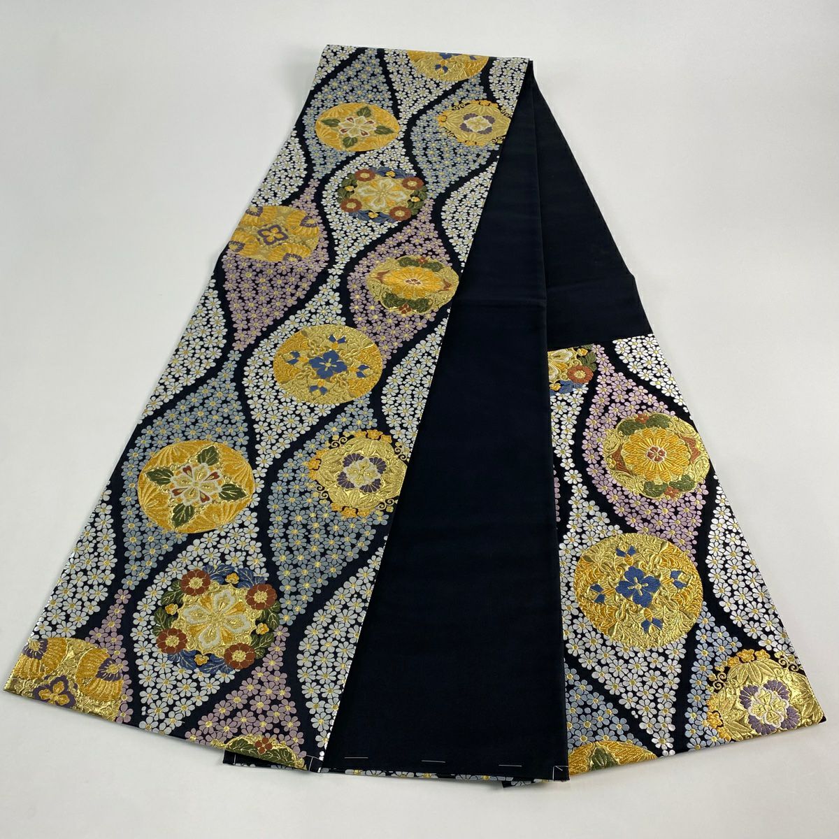 【美品】 袋帶 名品級 立涌 華紋 金絲 刺繡 黑 六通 純蠶絲