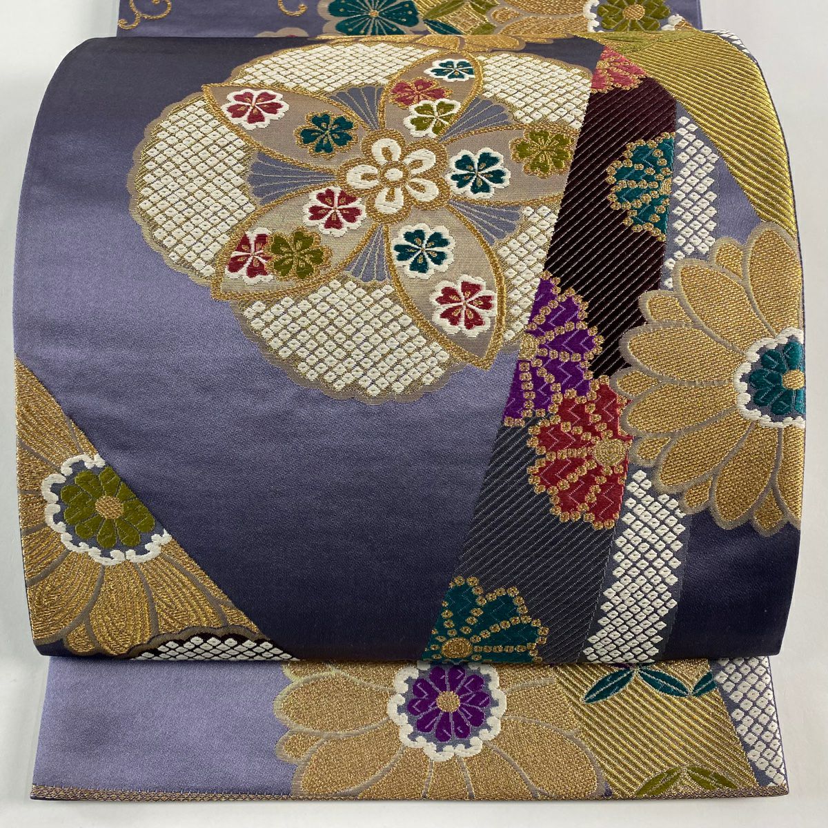 【美品】 袋帶 名品級 落款あり 麗華 花 七寶 金絲 金金箔 紫 六通 純蠶絲