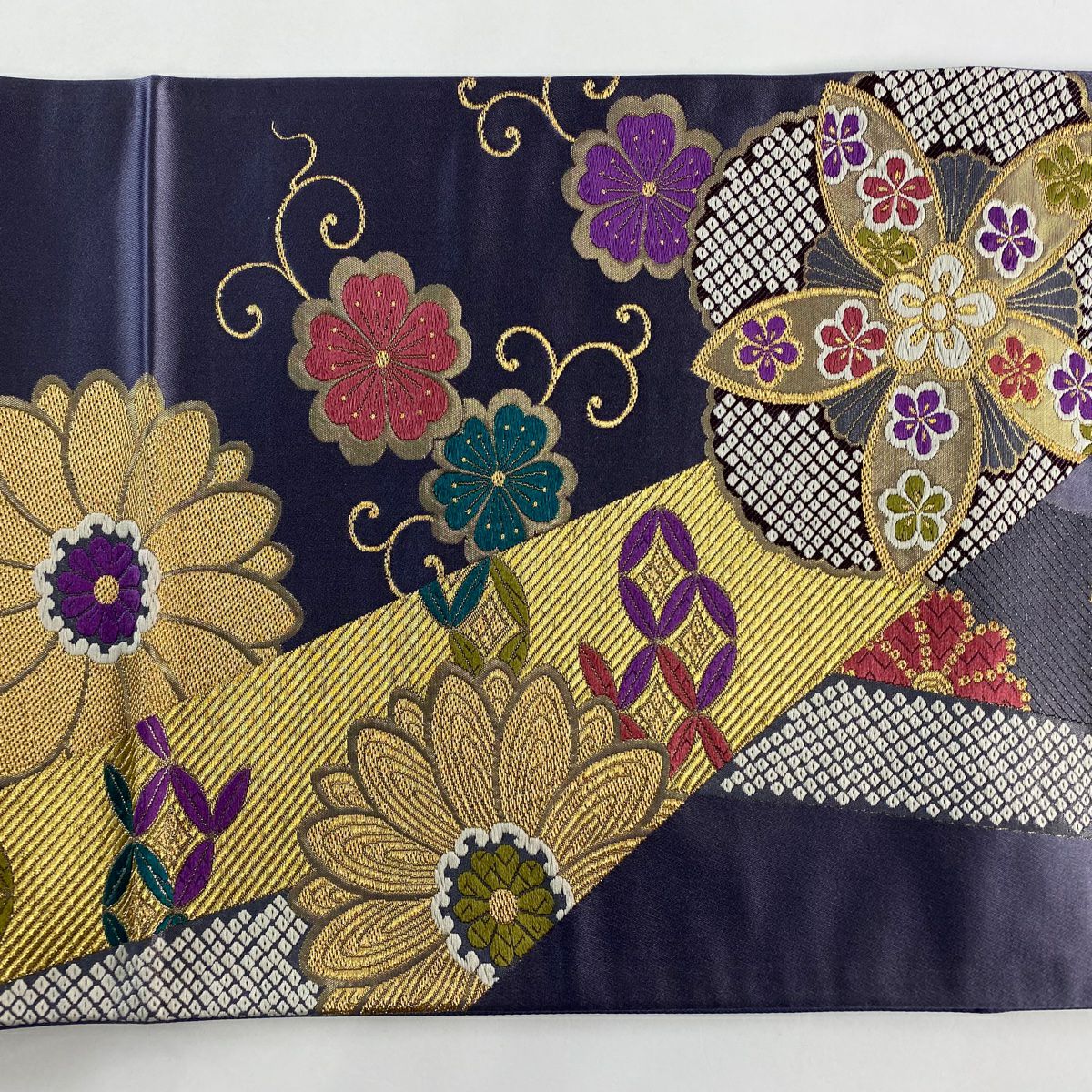 【美品】 袋帶 名品級 落款あり 麗華 花 七寶 金絲 金金箔 紫 六通 純蠶絲