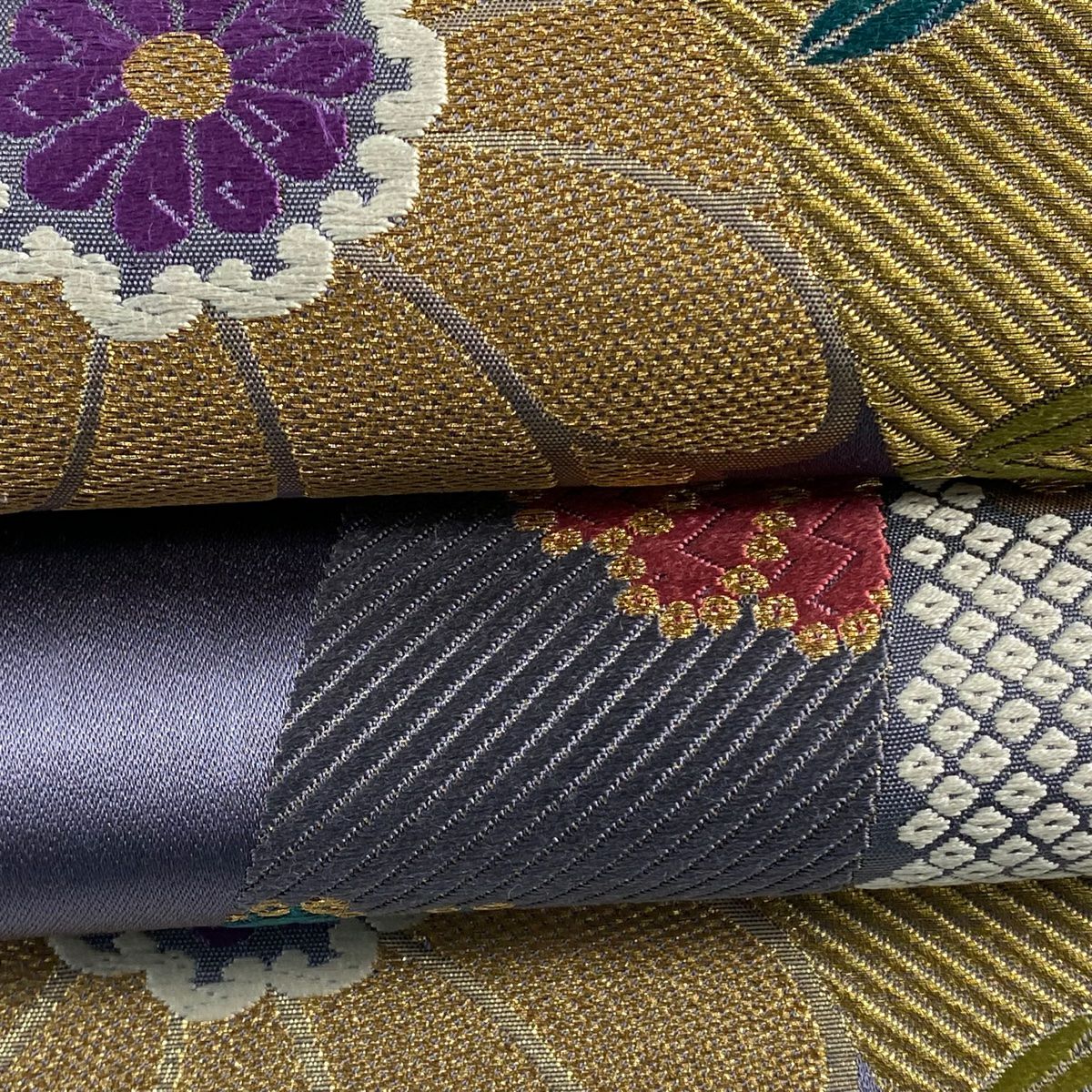 【美品】 袋帶 名品級 落款あり 麗華 花 七寶 金絲 金金箔 紫 六通 純蠶絲