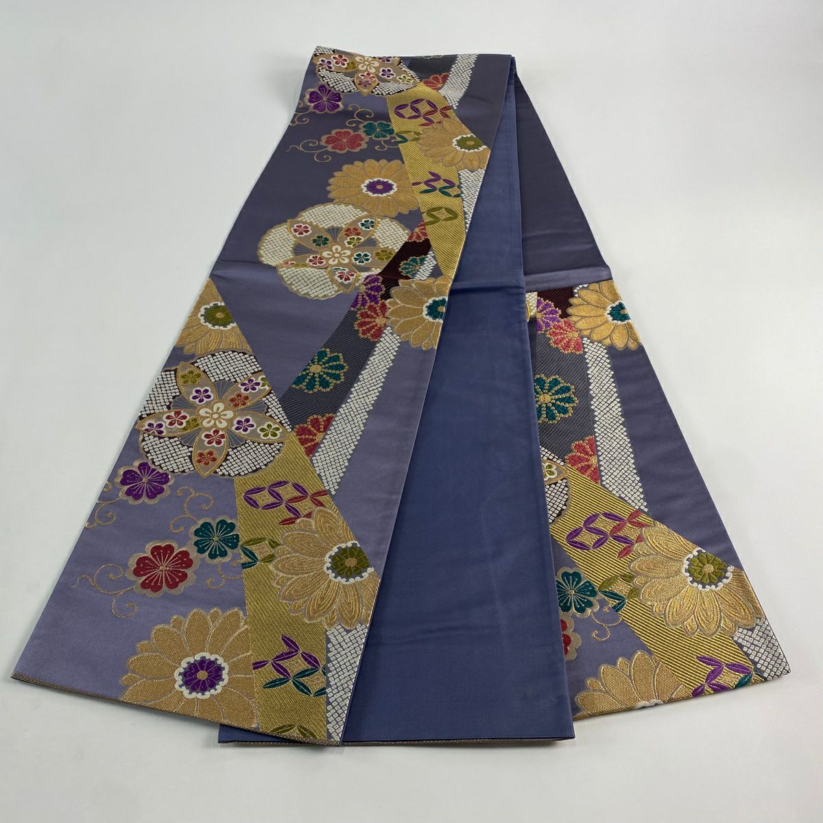 【美品】 袋帶 名品級 落款あり 麗華 花 七寶 金絲 金金箔 紫 六通 純蠶絲