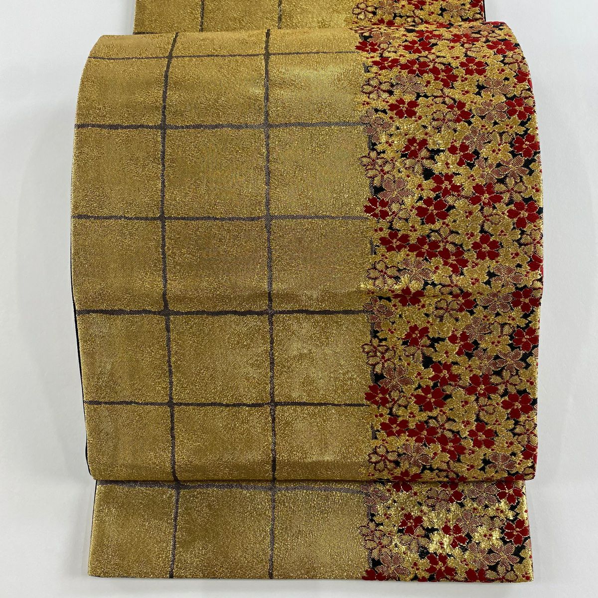 【美品】 袋帶 秀品級 櫻花 格子 金金箔 金絲 金色 六通 純蠶絲
