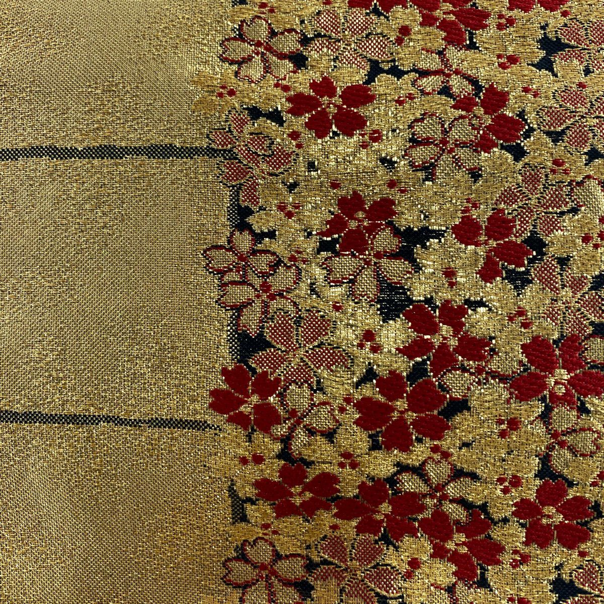 【美品】 袋帶 秀品級 櫻花 格子 金金箔 金絲 金色 六通 純蠶絲