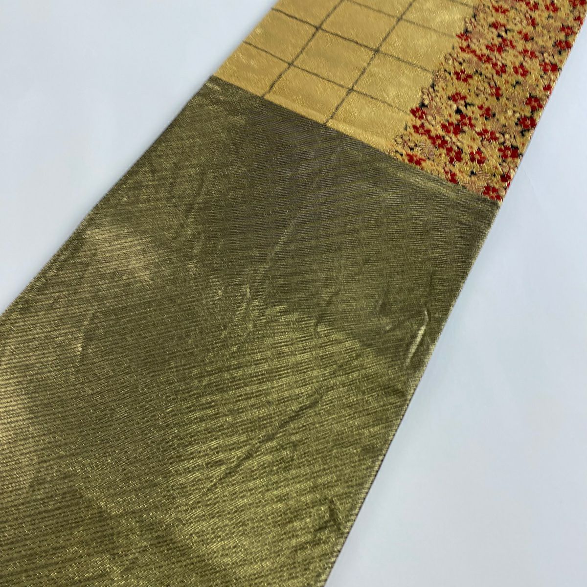 【美品】 袋帶 秀品級 櫻花 格子 金金箔 金絲 金色 六通 純蠶絲