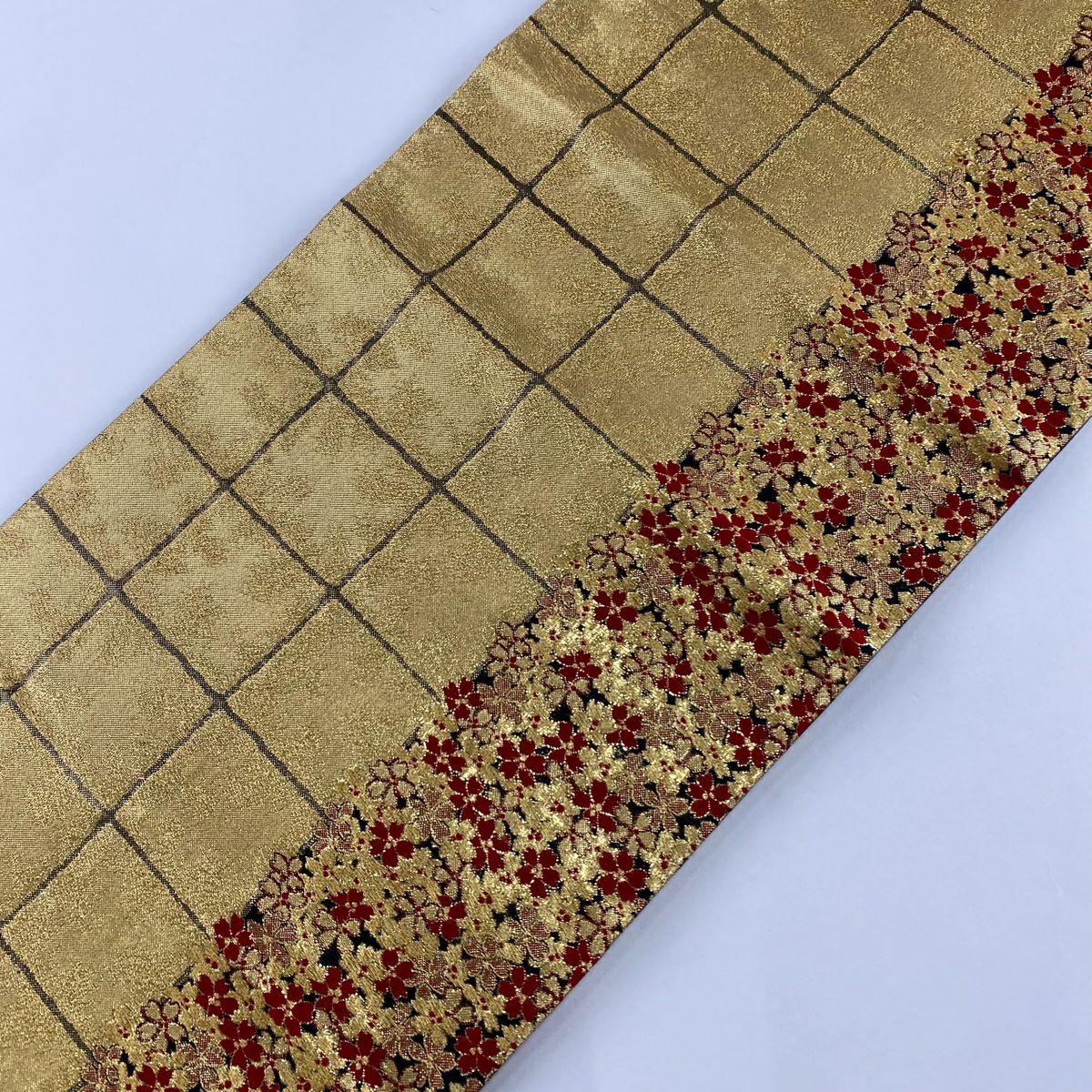 【美品】 袋帶 秀品級 櫻花 格子 金金箔 金絲 金色 六通 純蠶絲