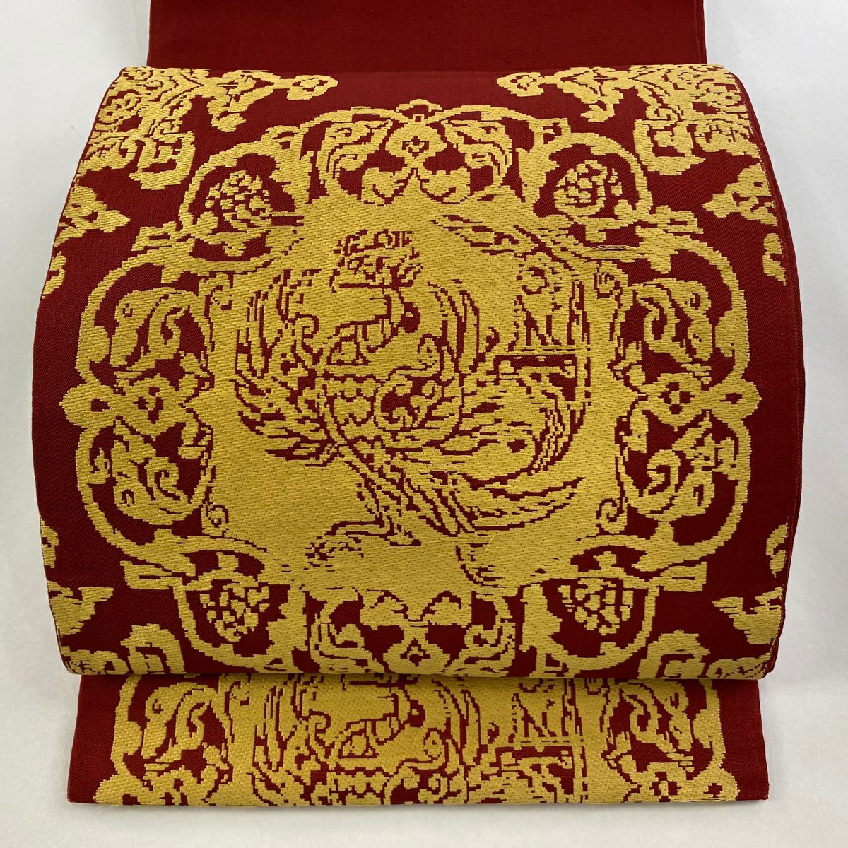 袋帶 逸品級 龍村平蔵 落款 鳳凰 草花紋 紅 お太鼓柄 純蠶絲