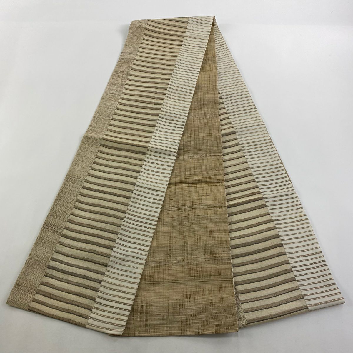 【美品】 袋帶 逸品級 條紋 米色 全通 純蠶絲