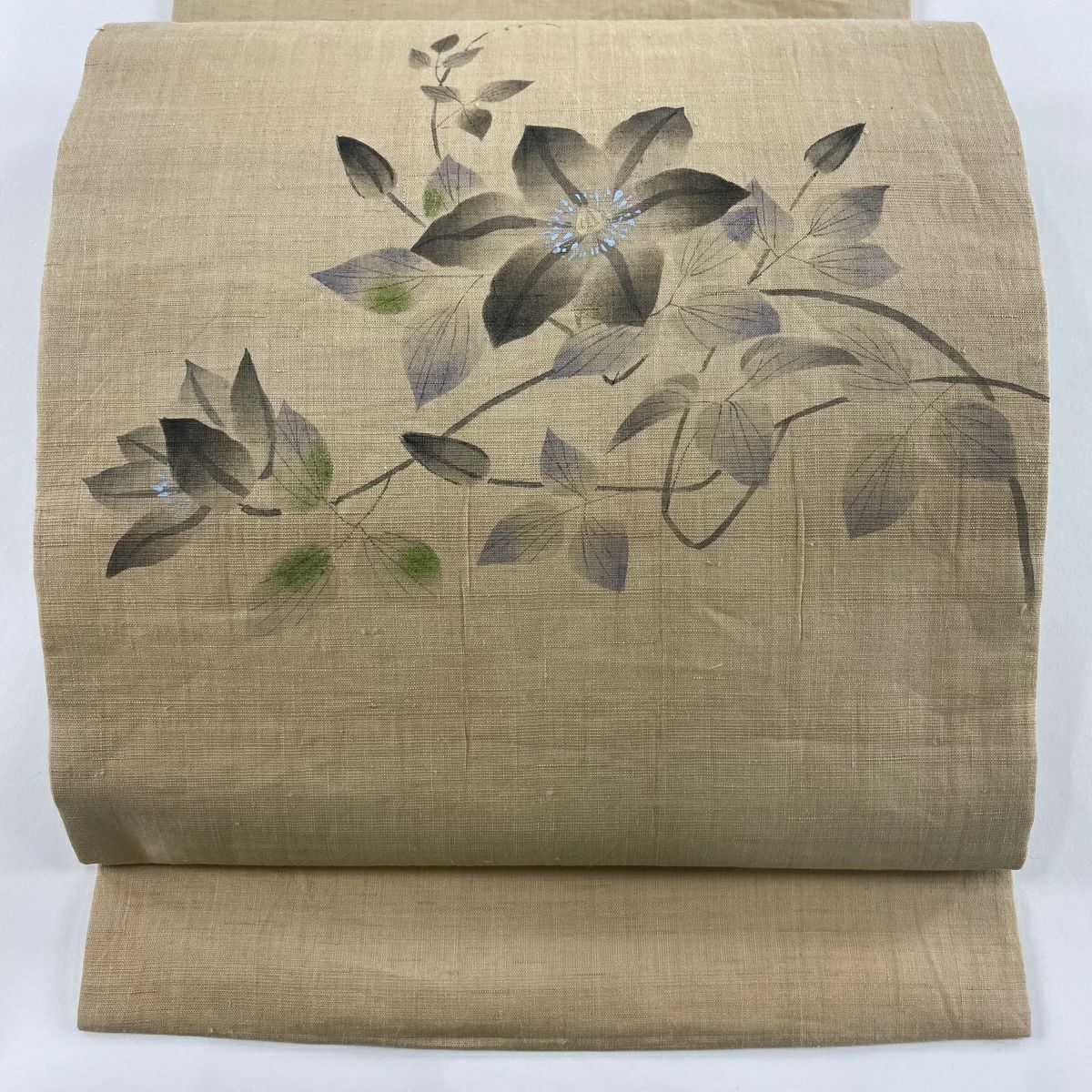 【美品】 名古屋帶 優品級 松樹葉仕立  草花紋紋 金彩裝飾 米色 純蠶絲