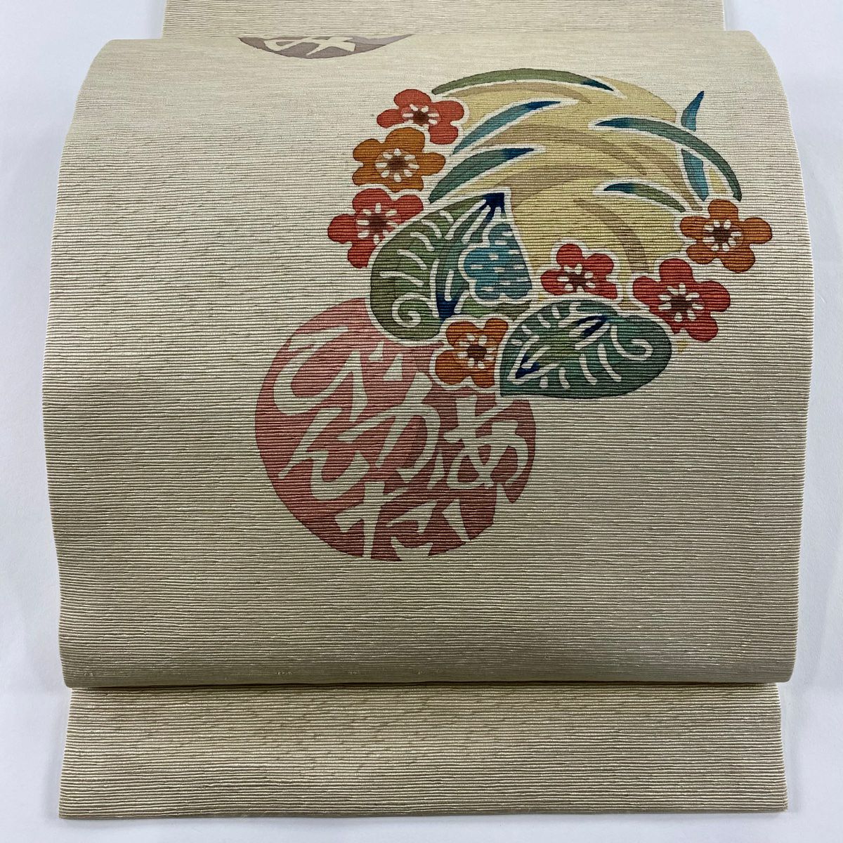 開口名古屋帶 優品級 草花紋紋 文字紋 米色 純蠶絲