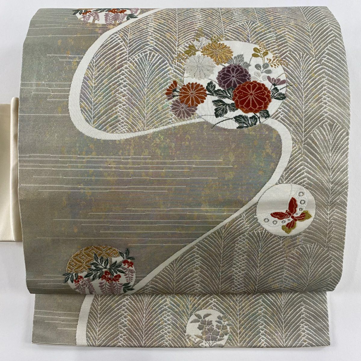 【美品】 名古屋帶 優品級 菊花 蝶 金絲 金金箔 淺紫 純蠶絲