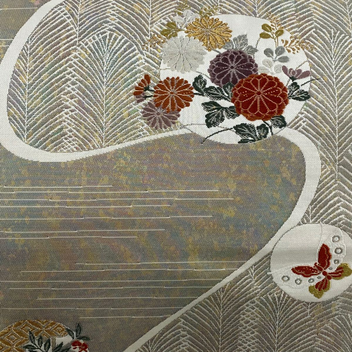 【美品】 名古屋帶 優品級 菊花 蝶 金絲 金金箔 淺紫 純蠶絲