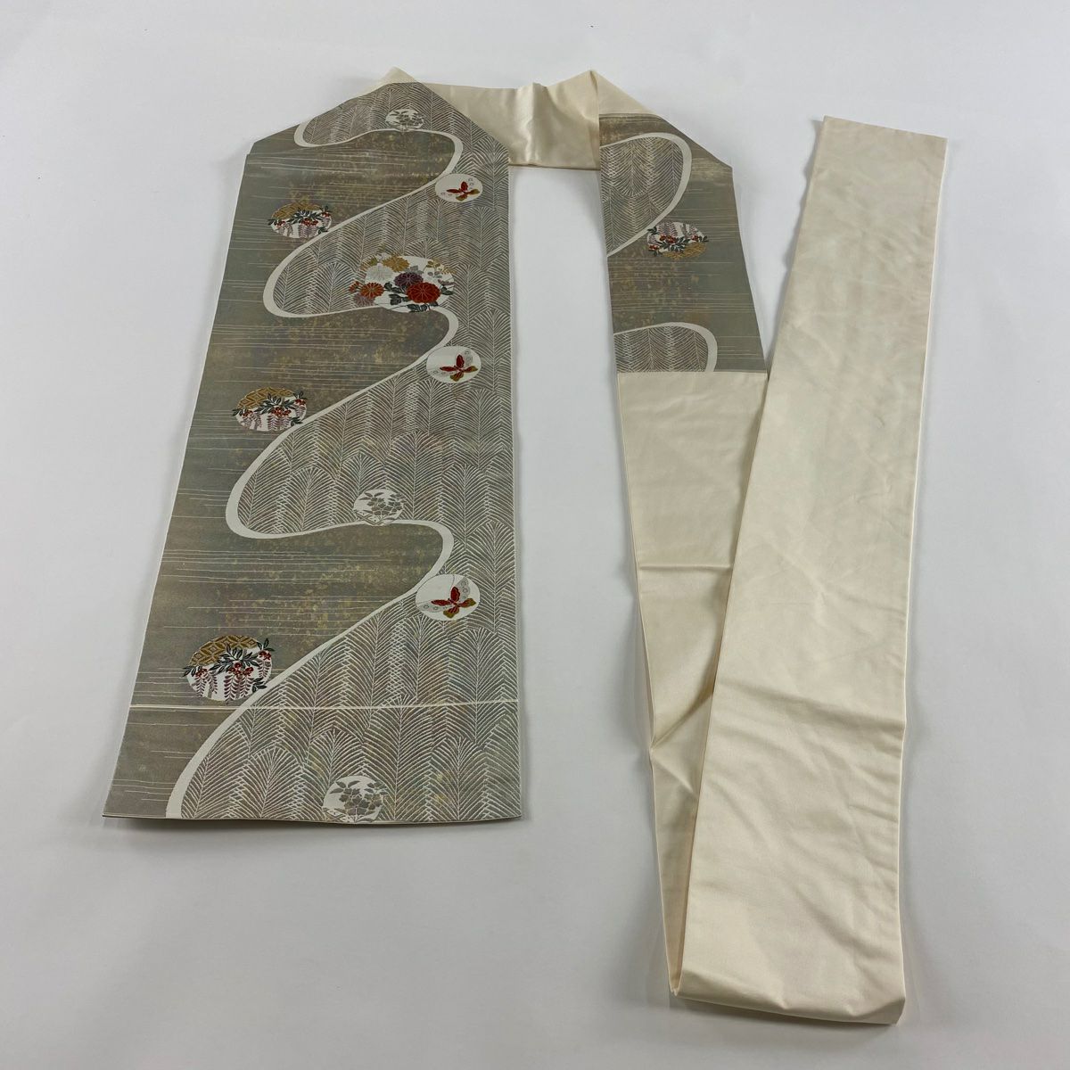 【美品】 名古屋帶 優品級 菊花 蝶 金絲 金金箔 淺紫 純蠶絲