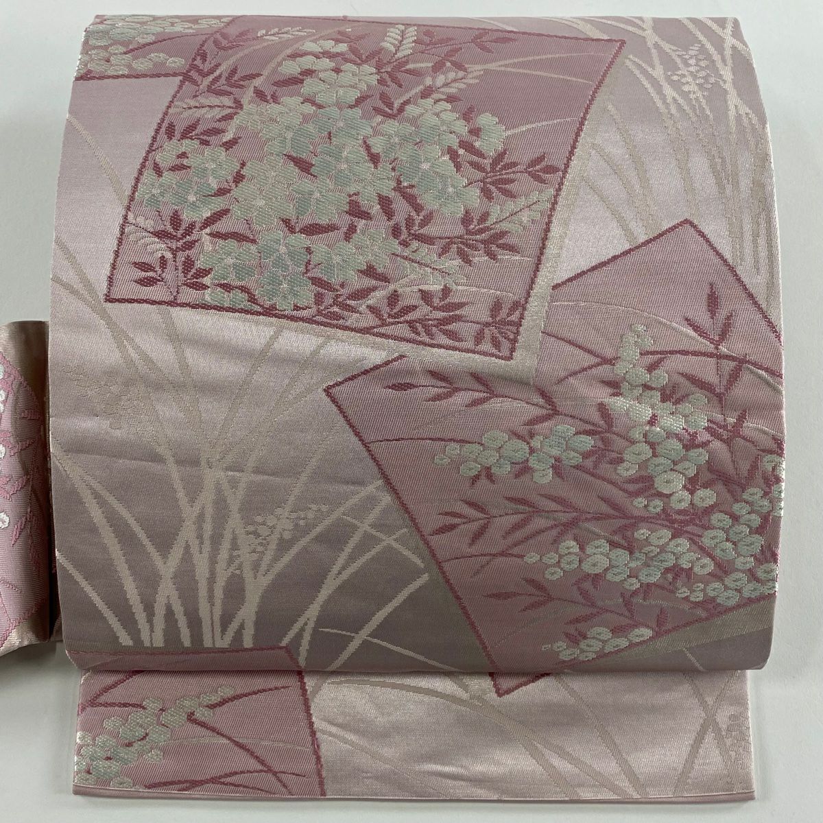 【美品】 名古屋帶 優品級 關西仕立 單層 色紙 草花紋紋 金金箔 淺紫 純蠶絲
