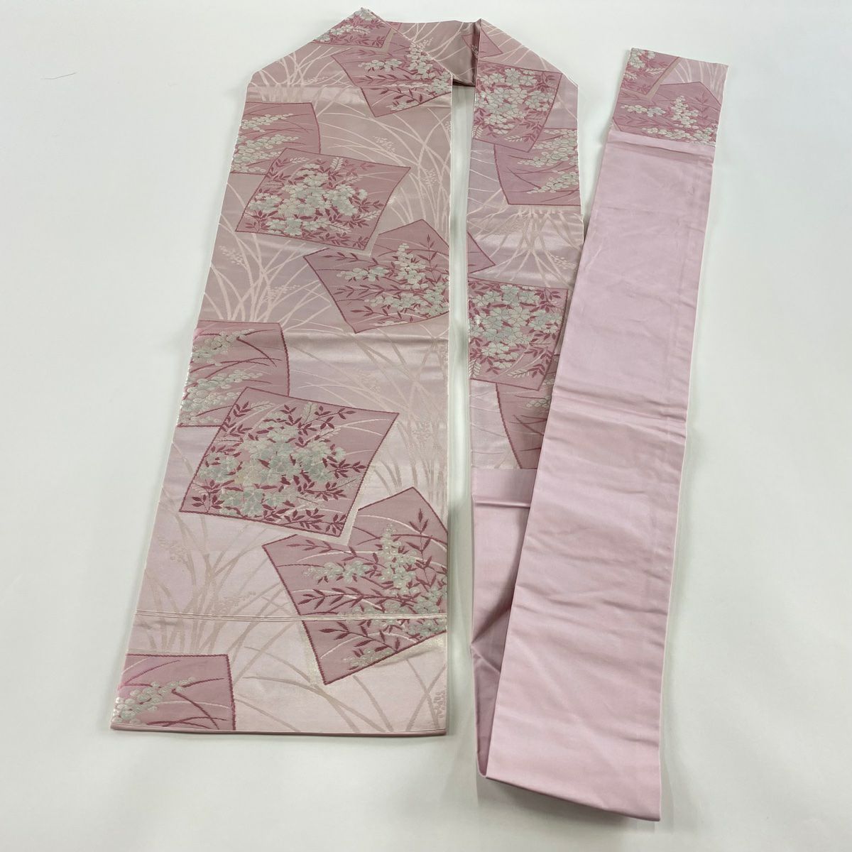 【美品】 名古屋帶 優品級 關西仕立 單層 色紙 草花紋紋 金金箔 淺紫 純蠶絲