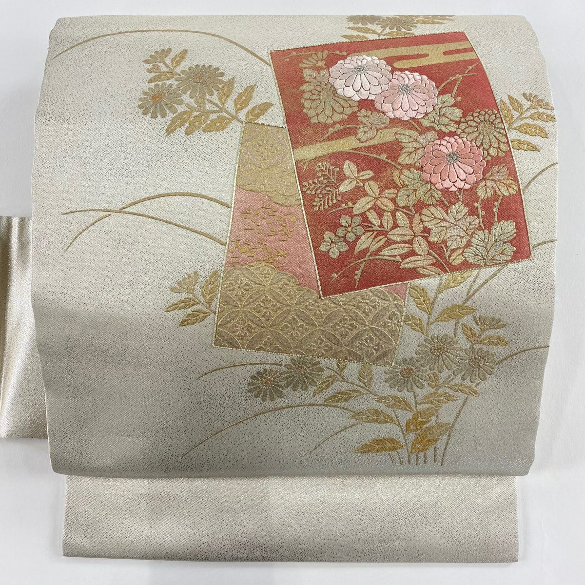 名古屋帶 優品級 秋草 色紙 金銀彩 銀絲 銀色 純蠶絲