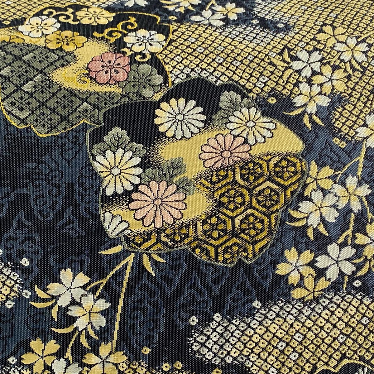 【美品】 袋帶 名品級 落款あり 紹巴 鹿子櫻形文 雲文 深藍 六通 純蠶絲