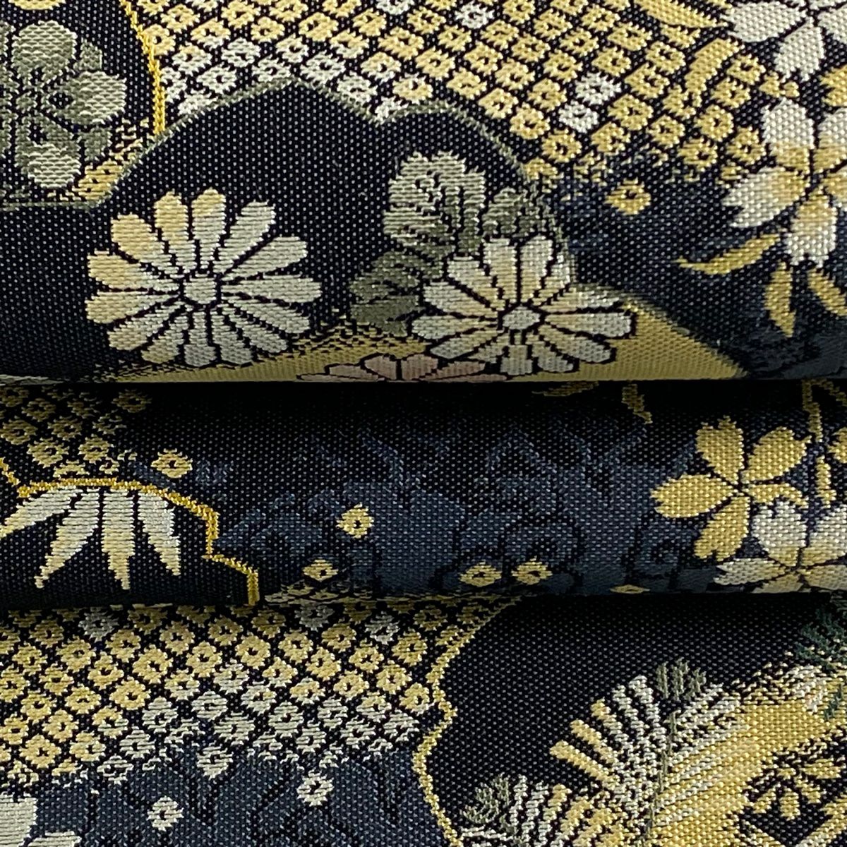 【美品】 袋帶 名品級 落款あり 紹巴 鹿子櫻形文 雲文 深藍 六通 純蠶絲