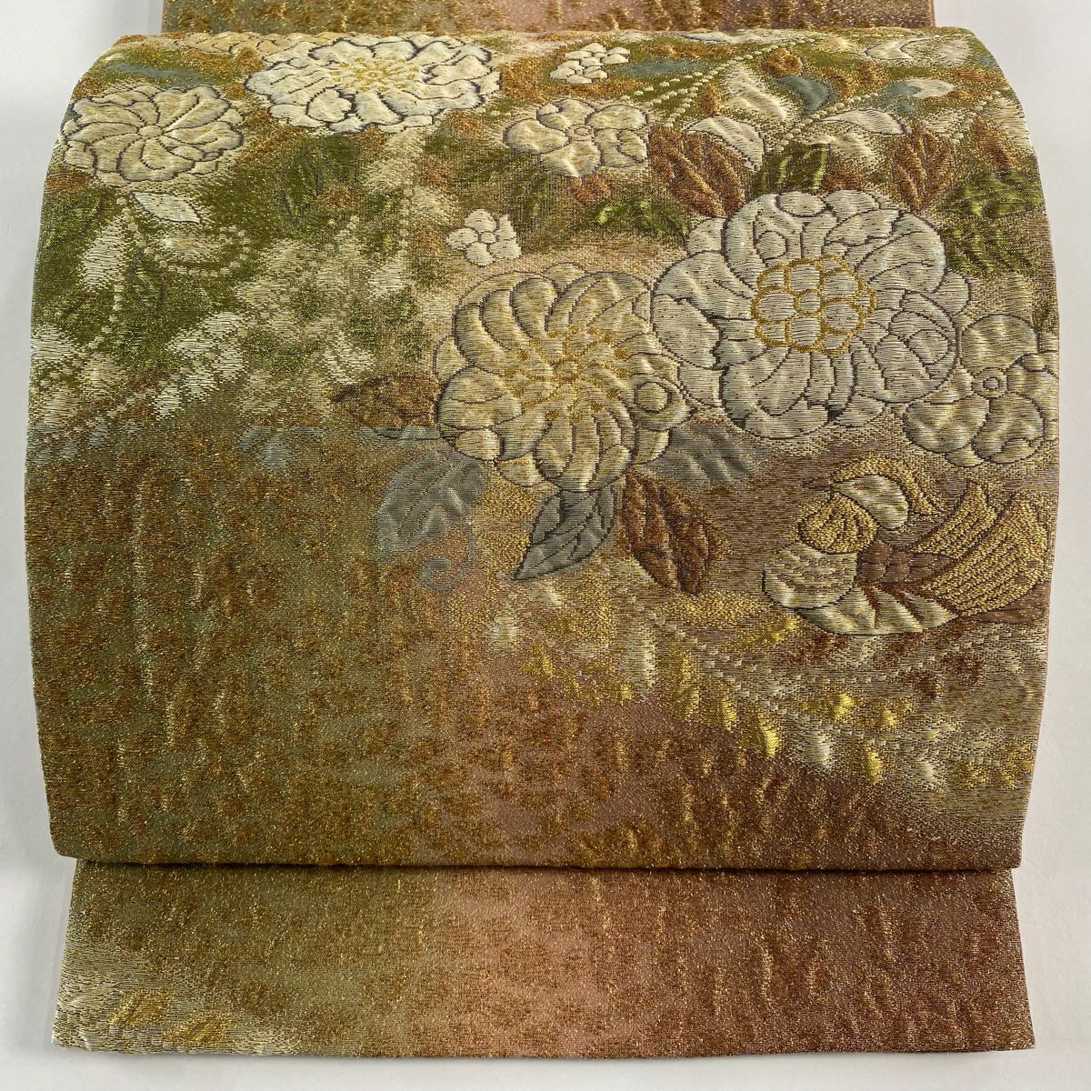 【美品】 袋帶 名品級 纐纈 辻花染 鴛鴦 金金箔 金絲 茶 六通 純蠶絲