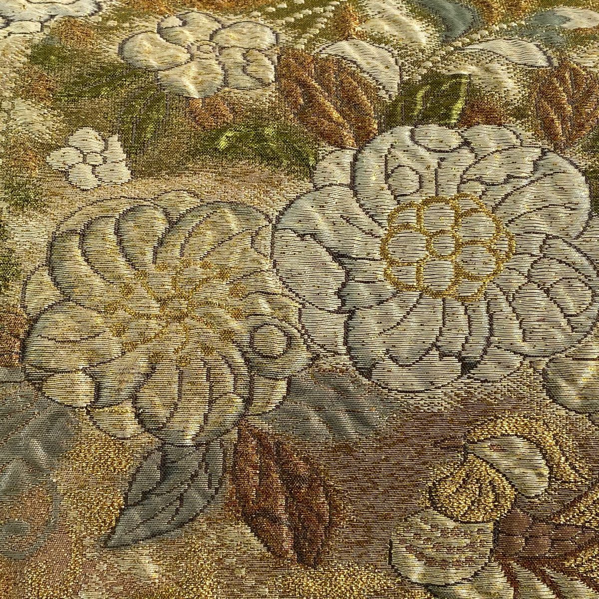 【美品】 袋帶 名品級 纐纈 辻花染 鴛鴦 金金箔 金絲 茶 六通 純蠶絲