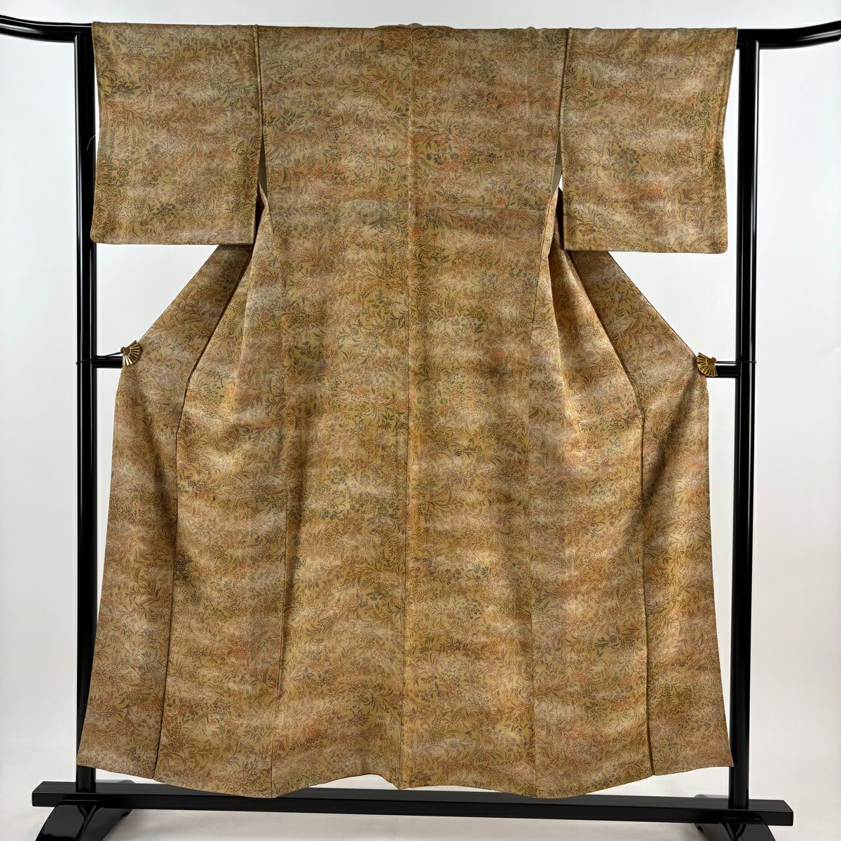 【美品】 小紋 身長153cm 袖長62.5cm S 雙層 草花紋紋 霞 山吹茶 純蠶絲 優品級