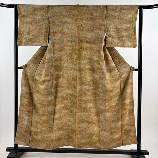 【美品】 小紋 身長153cm 袖長62.5cm S 雙層 草花紋紋 霞 山吹茶 純蠶絲 優品級