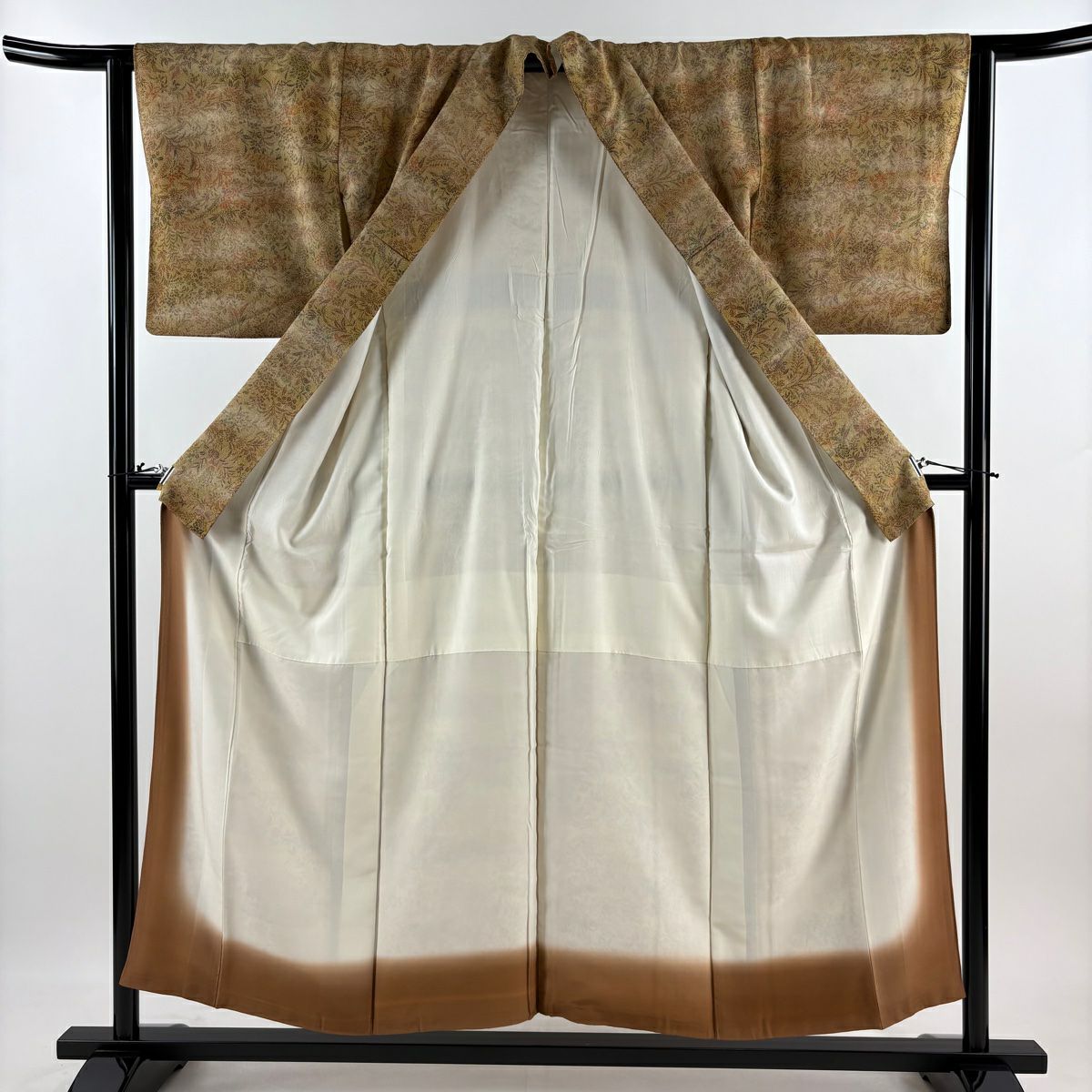 【美品】 小紋 身長153cm 袖長62.5cm S 雙層 草花紋紋 霞 山吹茶 純蠶絲 優品級