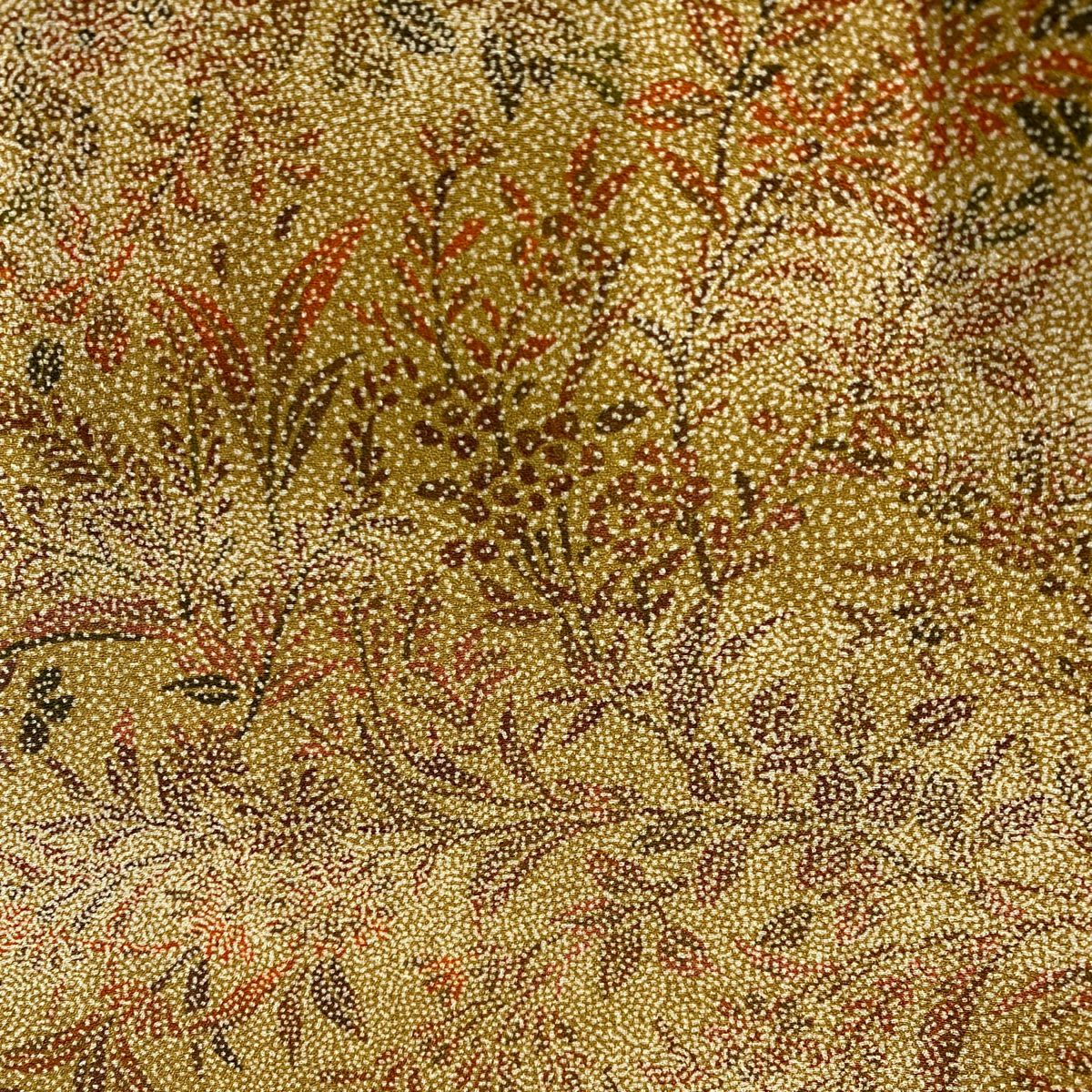 【美品】 小紋 身長153cm 袖長62.5cm S 雙層 草花紋紋 霞 山吹茶 純蠶絲 優品級