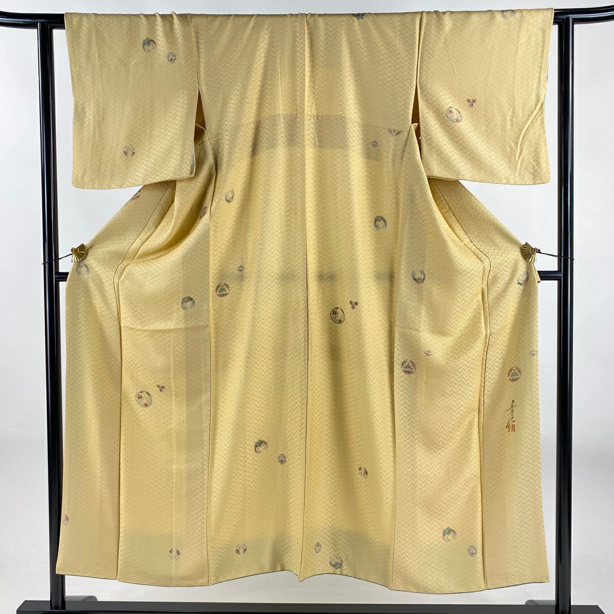 小紋 身長151.5cm 袖長63cm S 雙層 浅井青仁 落款 花丸紋 地紋 金銀彩 奶油色 純蠶絲 優品級