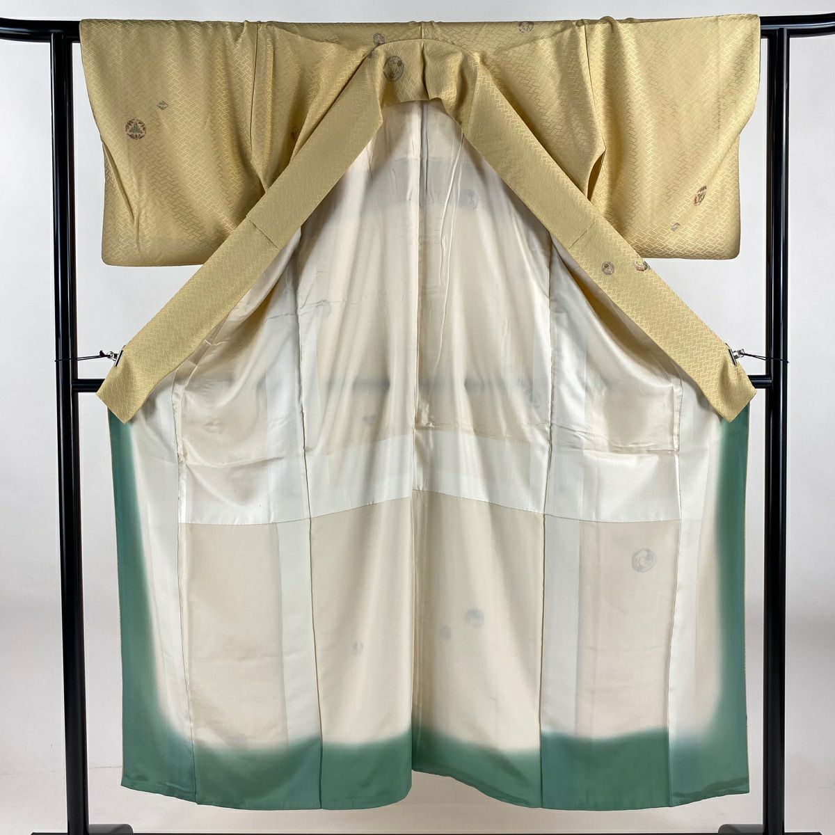 小紋 身長151.5cm 袖長63cm S 雙層 浅井青仁 落款 花丸紋 地紋 金銀彩 奶油色 純蠶絲 優品級