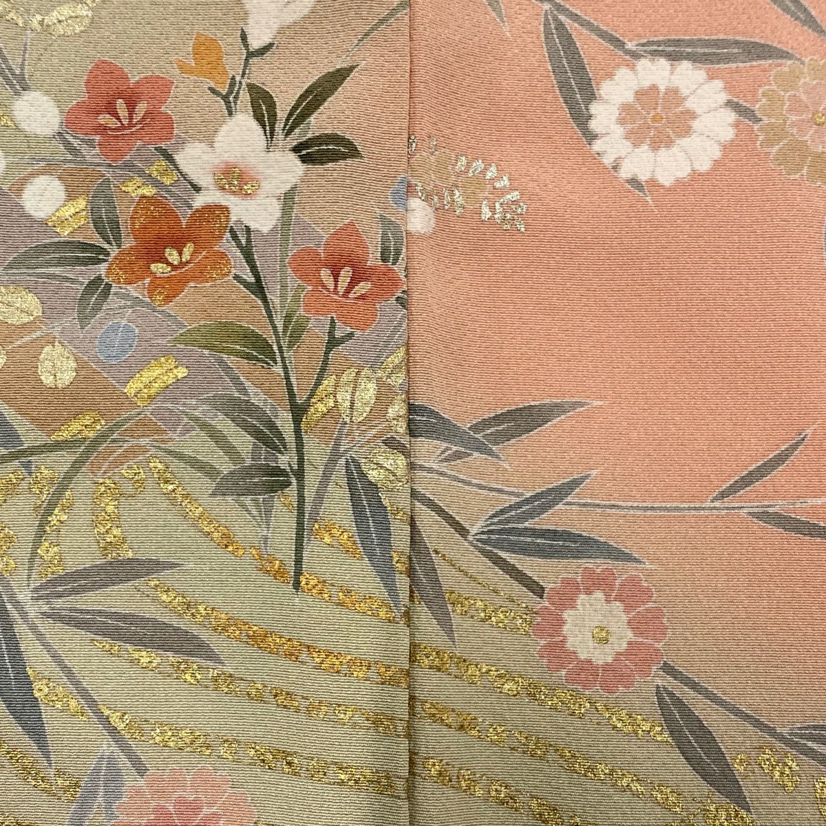 訪問服 身長153cm 袖長62cm S 雙層 花筏 波頭 金銀彩 染分 粉紅 純蠶絲 優品級