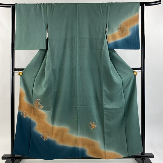 付下 身長158cm 袖長63cm S 雙層 松樹川菱 菊花 花刺繡 金彩裝飾 灰綠 純蠶絲 秀品級