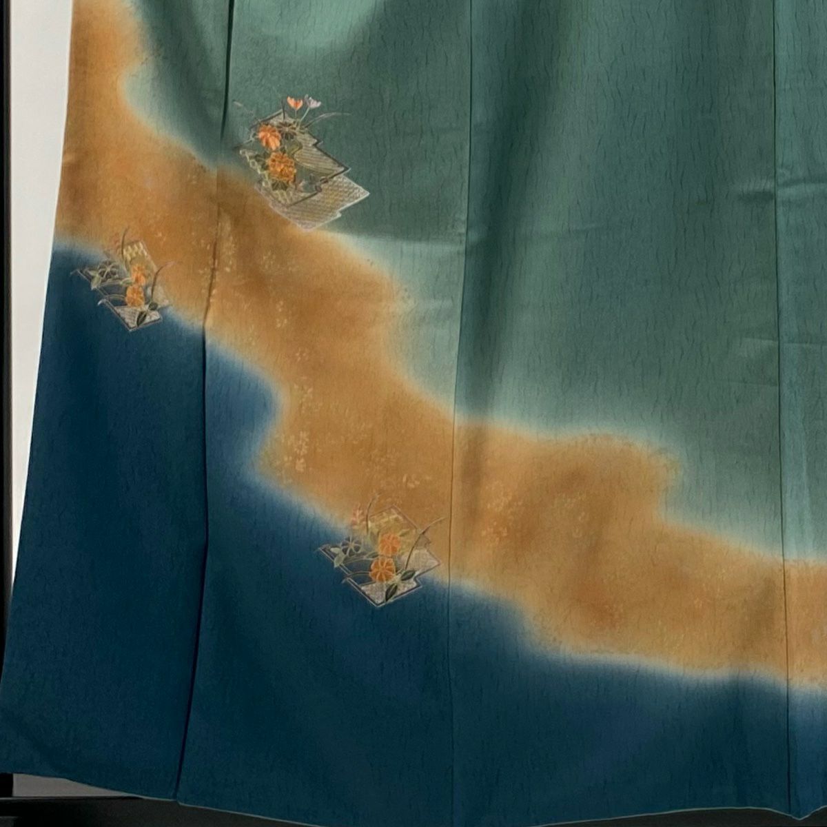 付下 身長158cm 袖長63cm S 雙層 松樹川菱 菊花 花刺繡 金彩裝飾 灰綠 純蠶絲 秀品級
