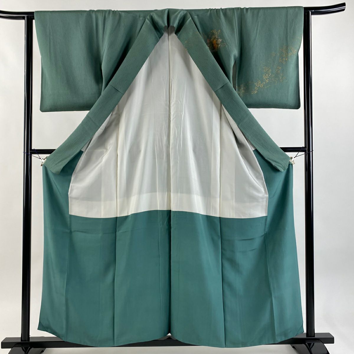付下 身長158cm 袖長63cm S 雙層 松樹川菱 菊花 花刺繡 金彩裝飾 灰綠 純蠶絲 秀品級