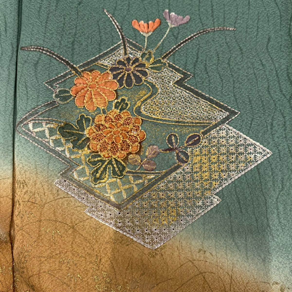 付下 身長158cm 袖長63cm S 雙層 松樹川菱 菊花 花刺繡 金彩裝飾 灰綠 純蠶絲 秀品級