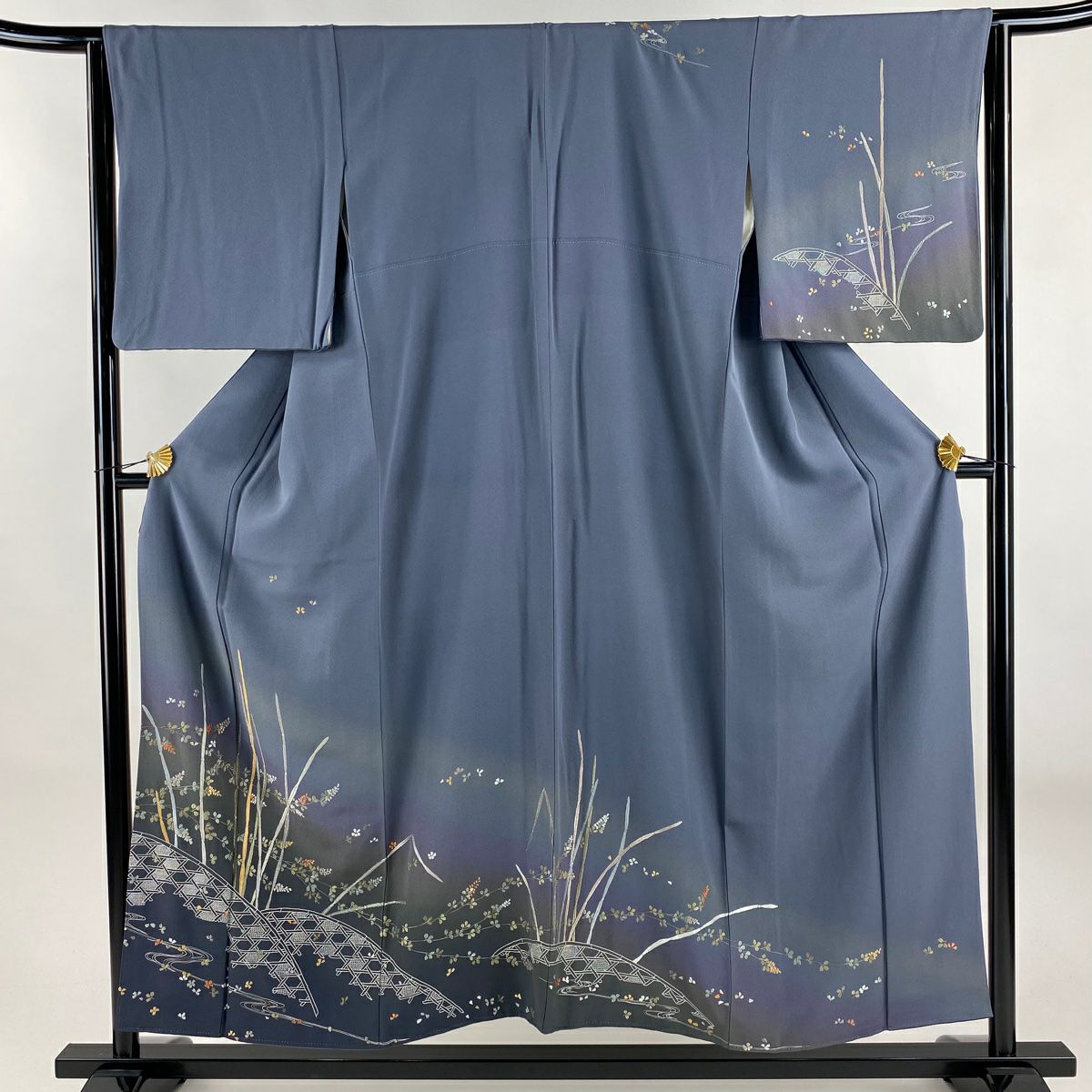 訪問服 身長154cm 袖長64cm M 雙層 草花紋紋 木賊 金糸刺繡 青灰 純蠶絲 秀品級